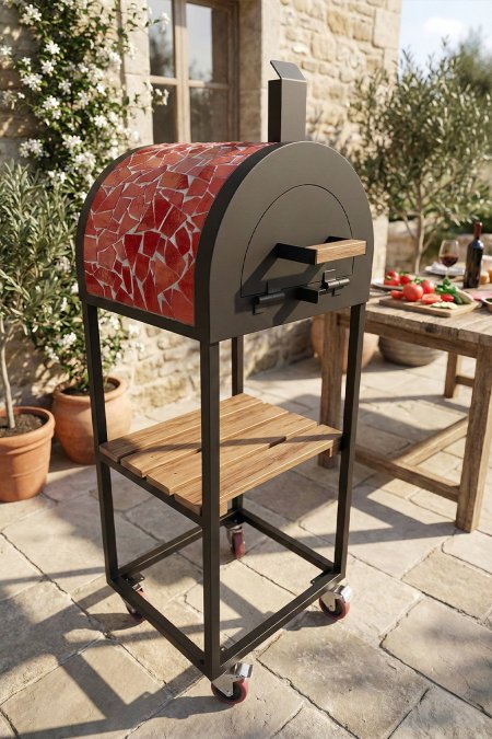 فرن بيتزا برميل موزاييك أحمر مع مدخنة (60×60) – ستاند متحرك